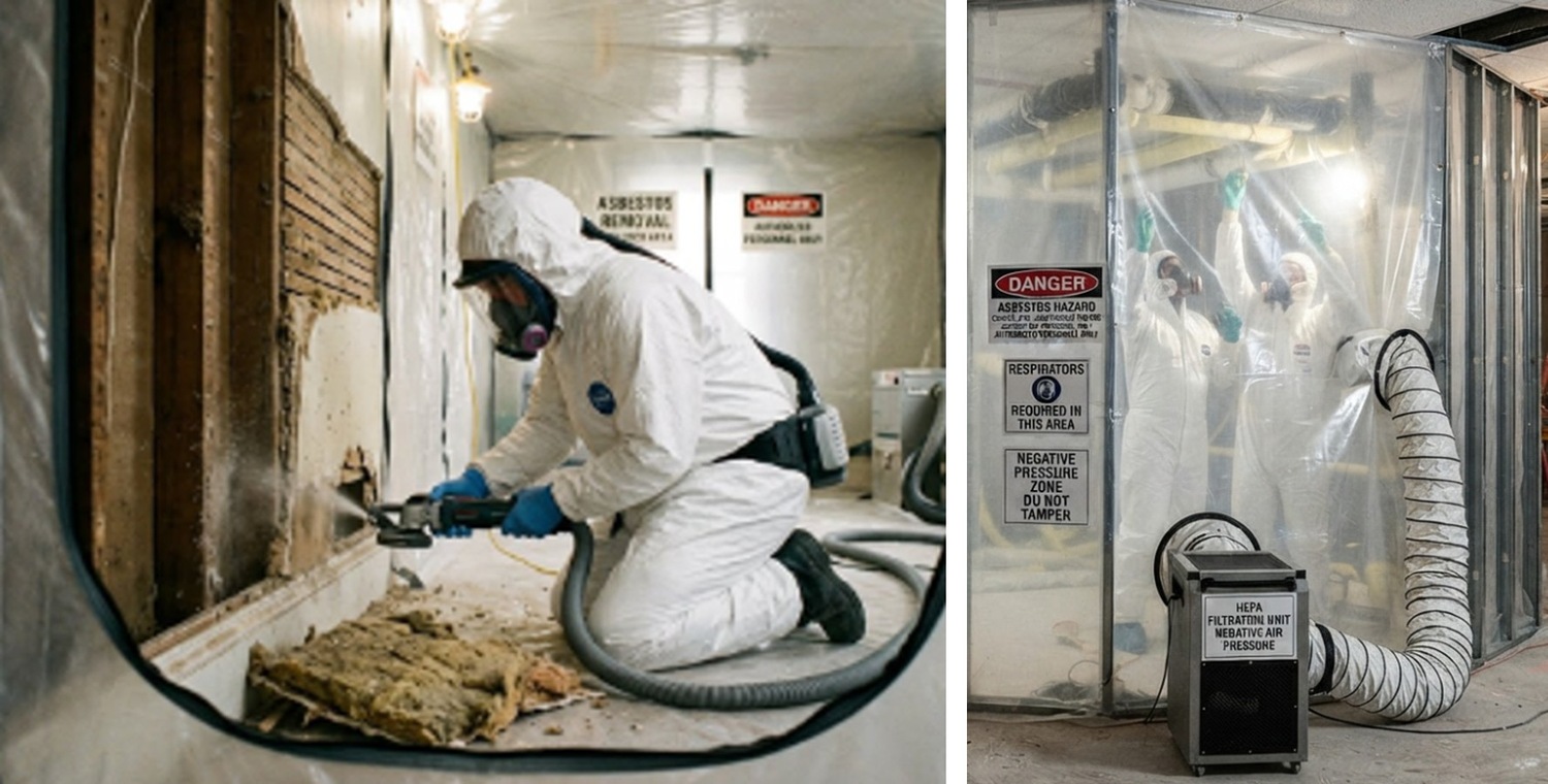 Asbestos abatement crew working inside HEPA negative-pressure containment
