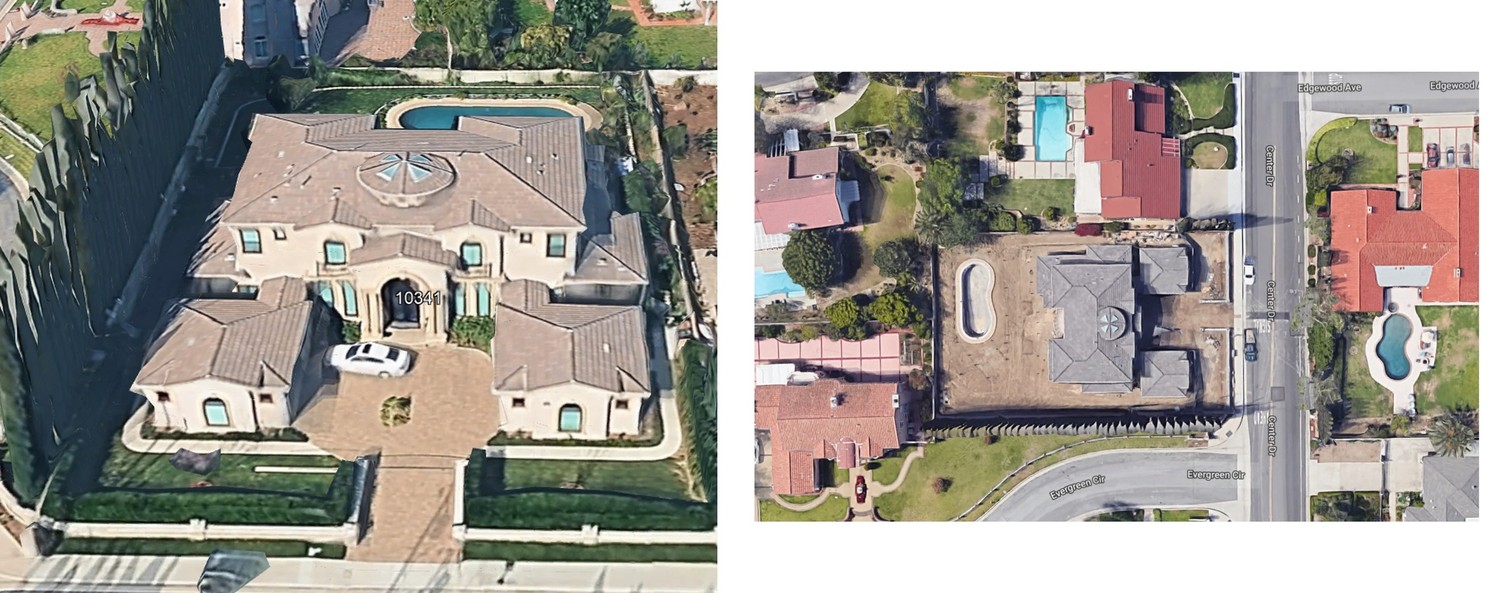 Completed backyard with pool, deck, lawn and landscaping, including an aerial view