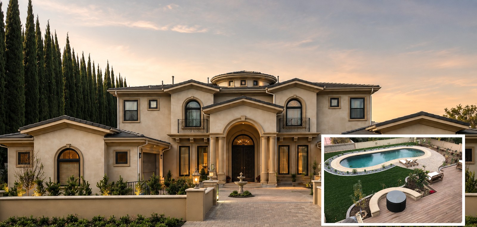 Completed Villa Park residence with pool, aerial view