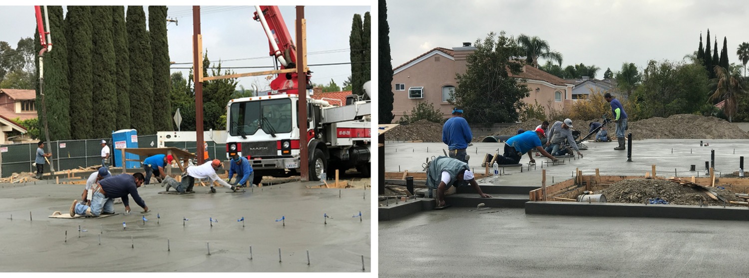 Concrete pump and finishing crew placing the foundation and slab