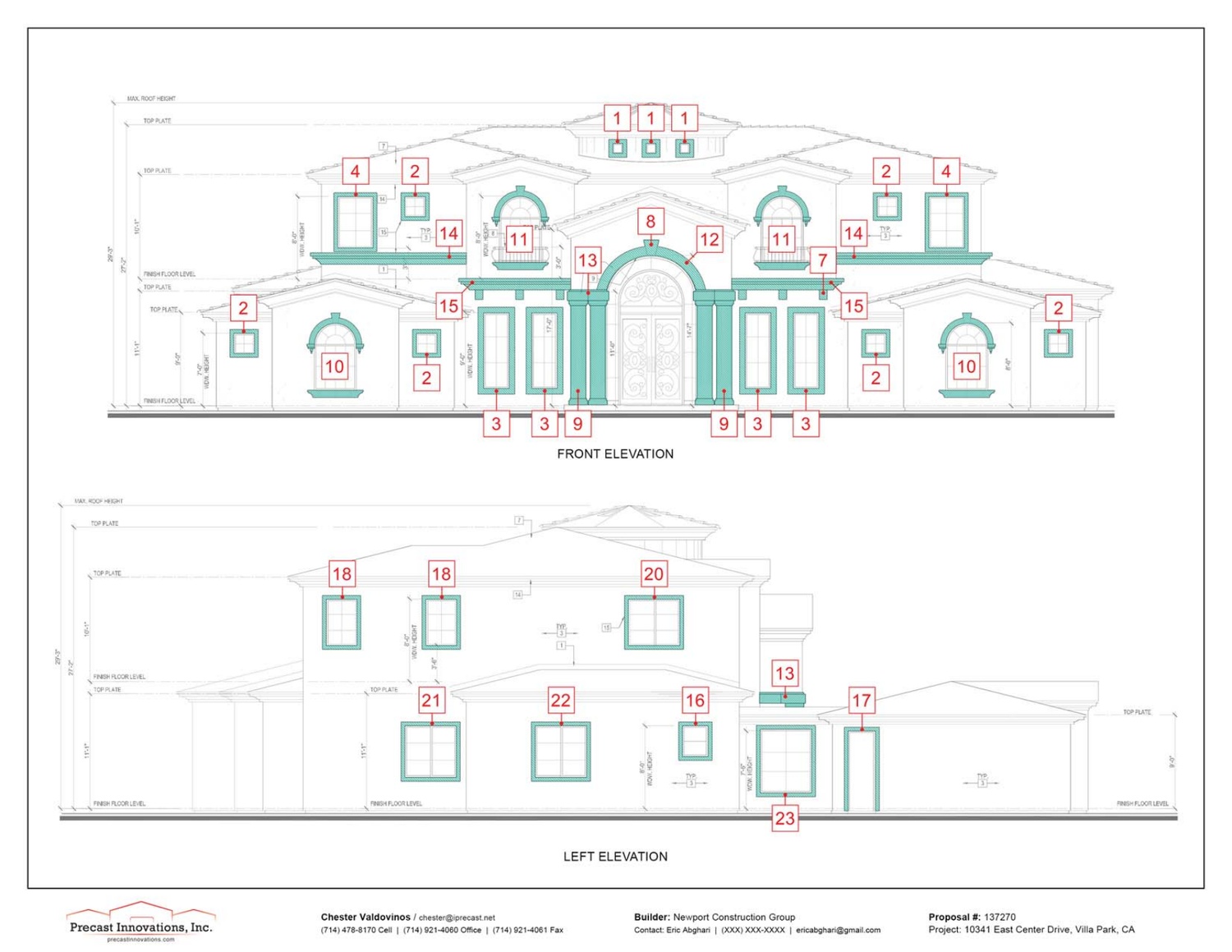 Front and left architectural elevation drawings of the residence