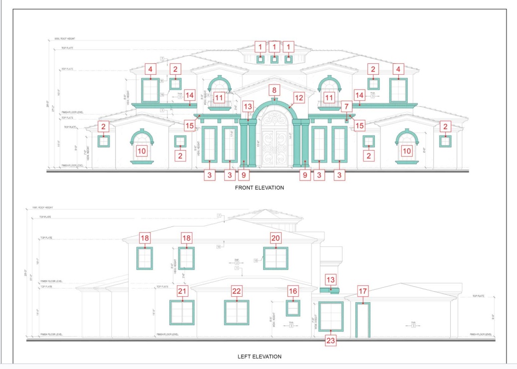 Architectural elevation identifying foam-molding profiles and locations