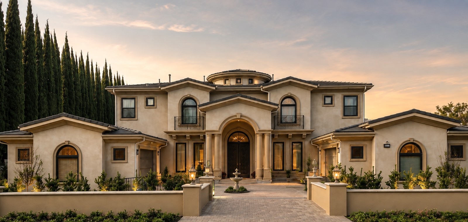 Completed Villa Park luxury residence at dusk, built by Newport Construction Group