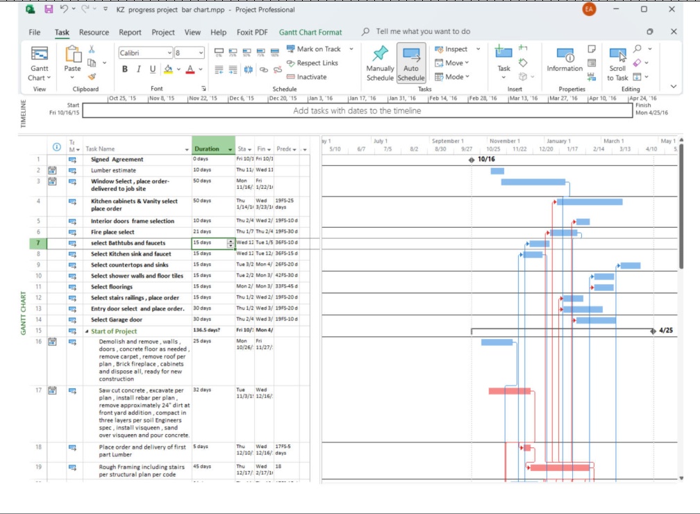 Microsoft Project construction schedule for the Villa Park residence