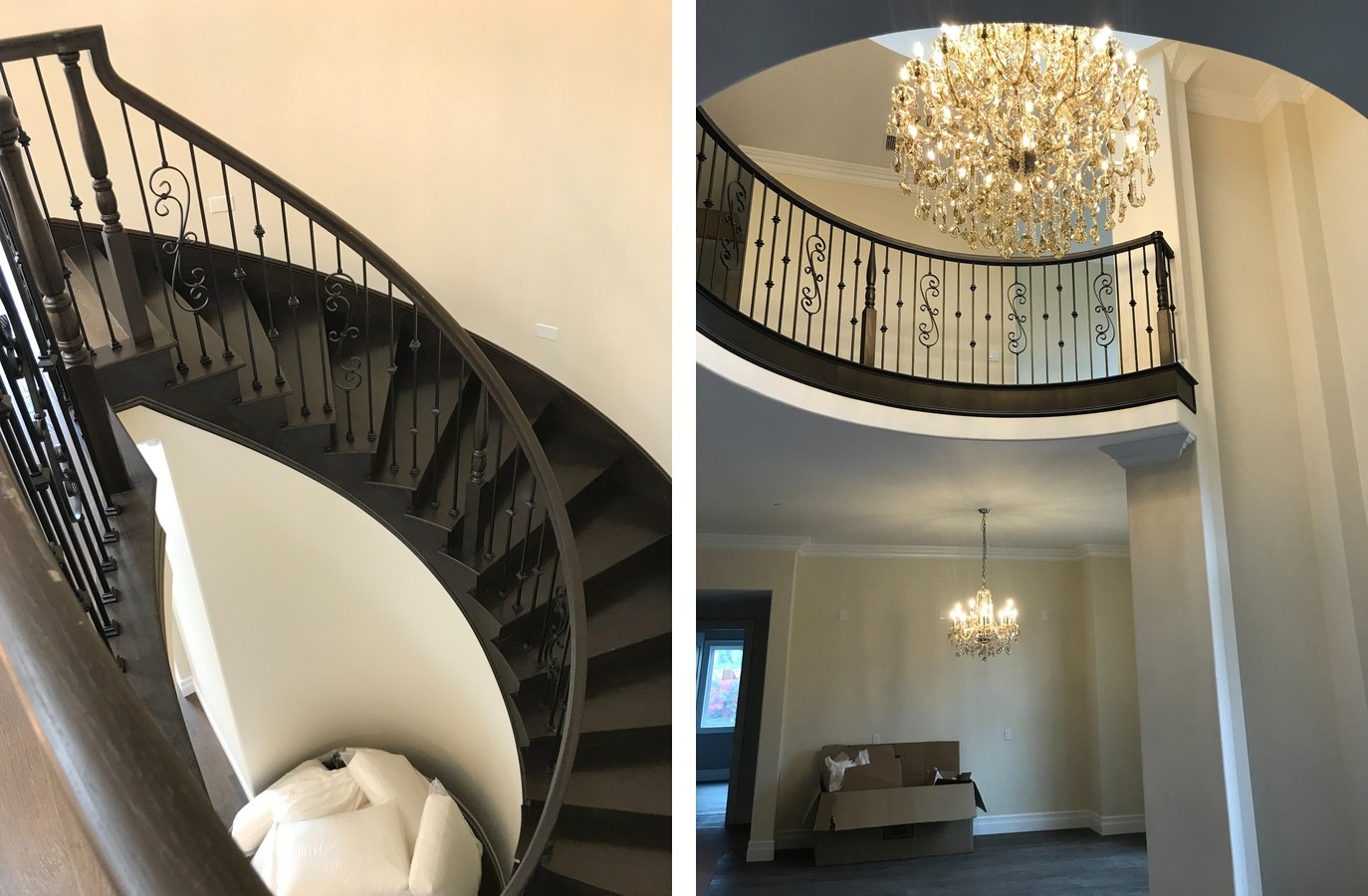 Finished circular staircase and foyer with chandelier